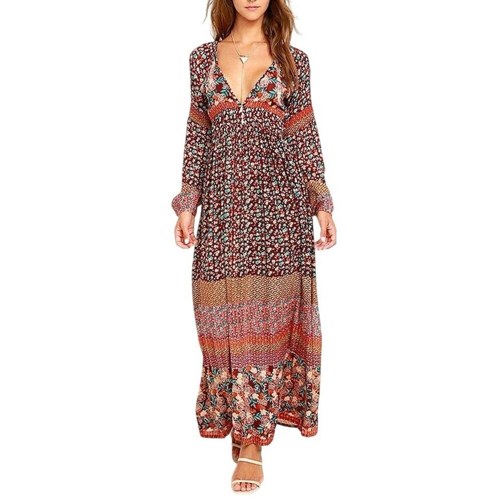 Raga NWT Tuscan Sunset Burgundy Maxi Dress Small Boho